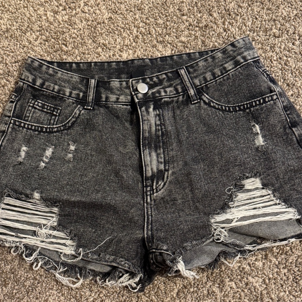 Distressed Black Denim Shorts